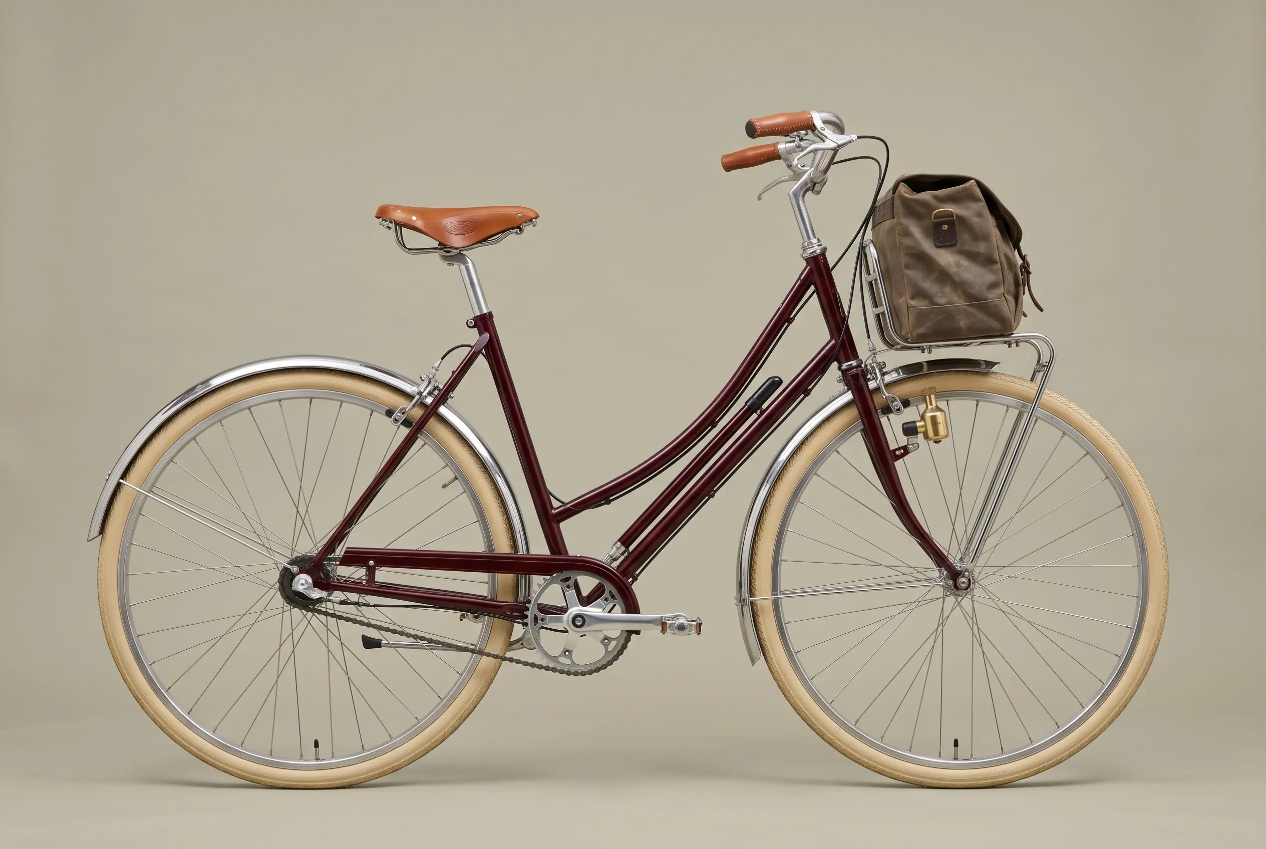 Oxblood step-through town bike with chrome mudguards, front rack and a honey leather saddle