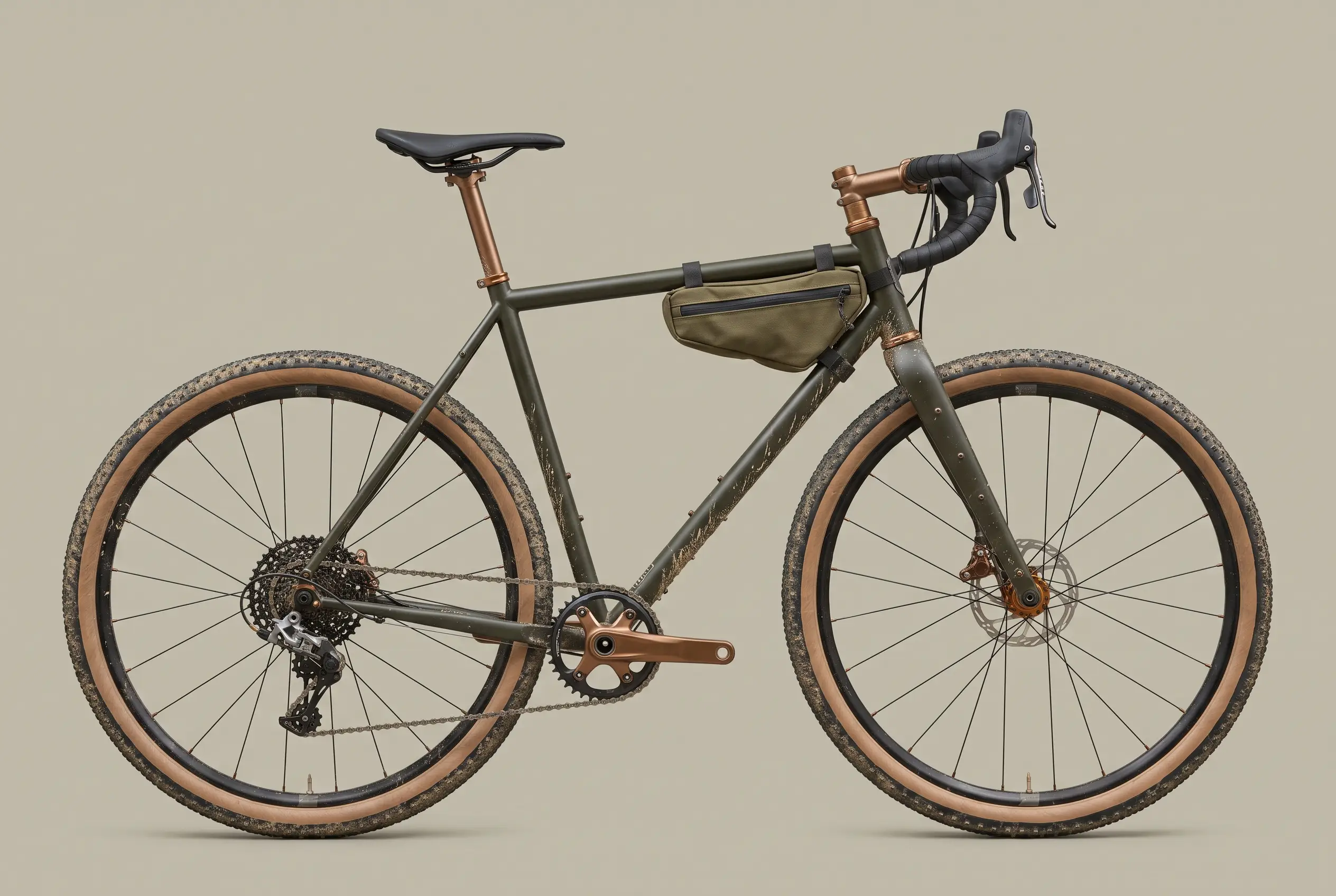 Olive drab steel gravel bike with bronze fittings and tan-wall tyres, mud still on the down tube