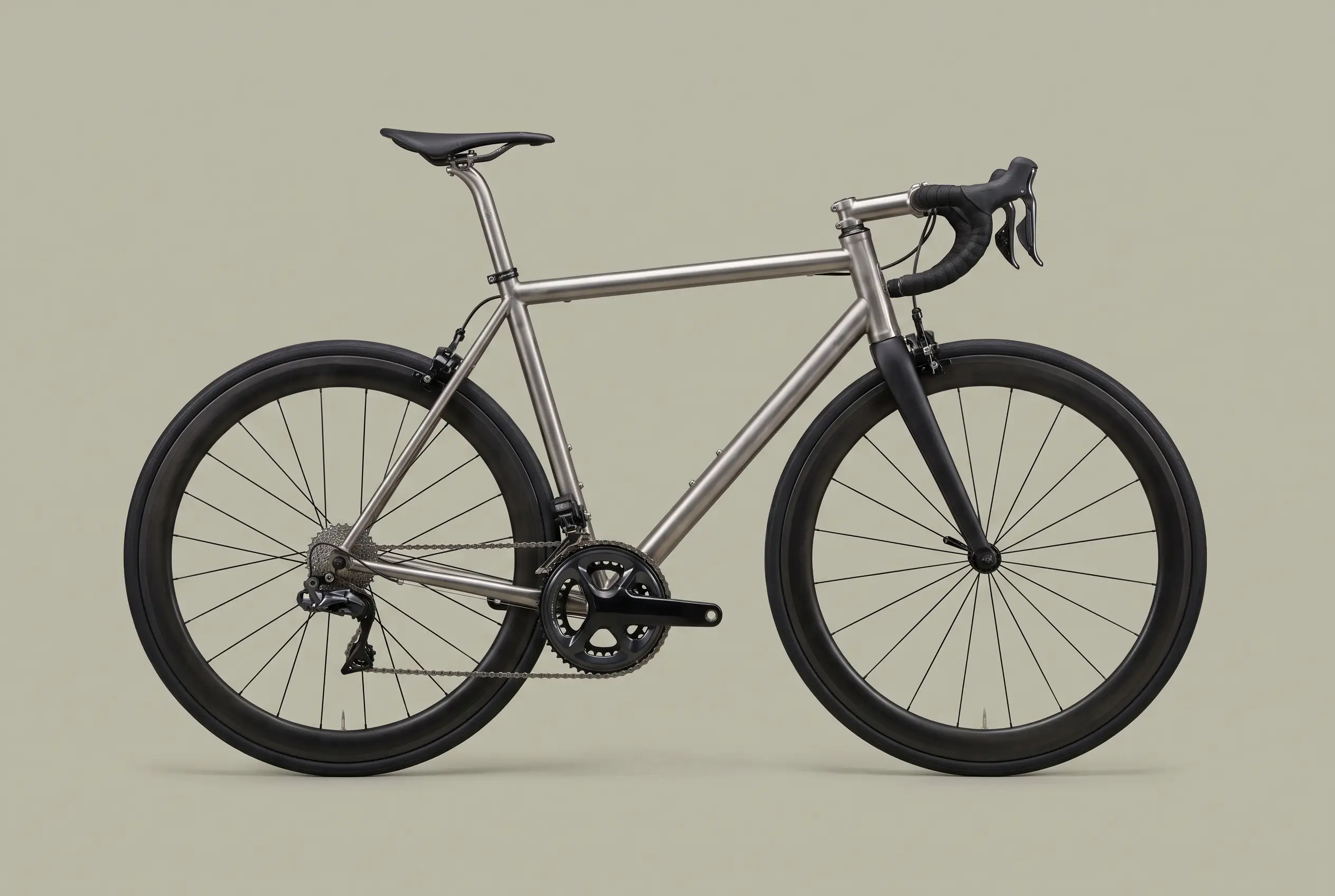 Raw brushed titanium road bike with deep-section black carbon wheels
