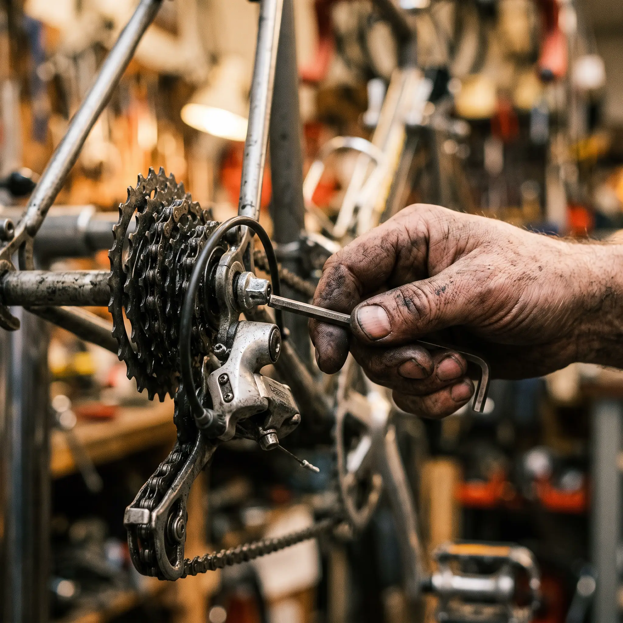 Grease-marked hands setting a rear derailleur with a hex key