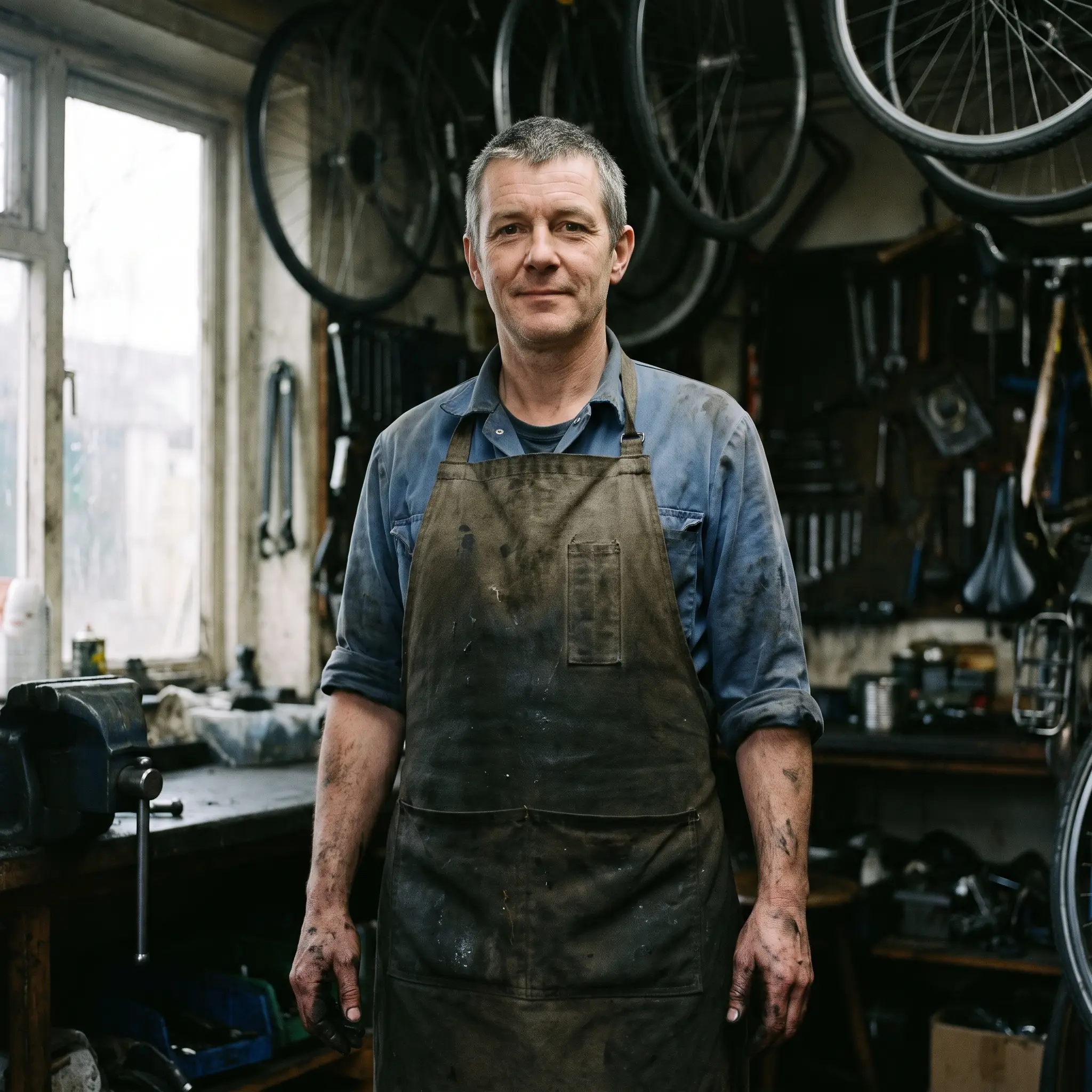 Ross in a canvas apron beside the hanging wheels