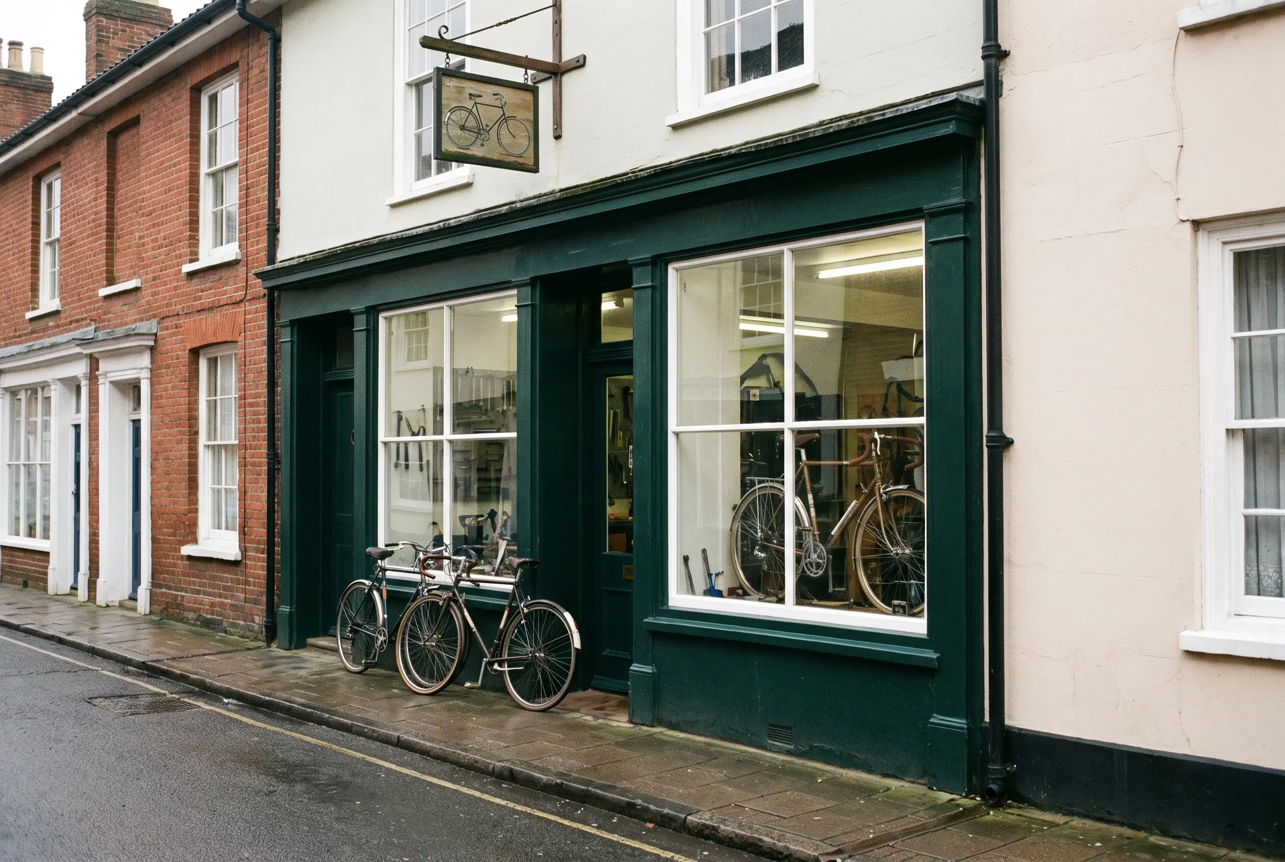 The dark green shopfront on a Georgian terrace, two bikes leaning on the pavement