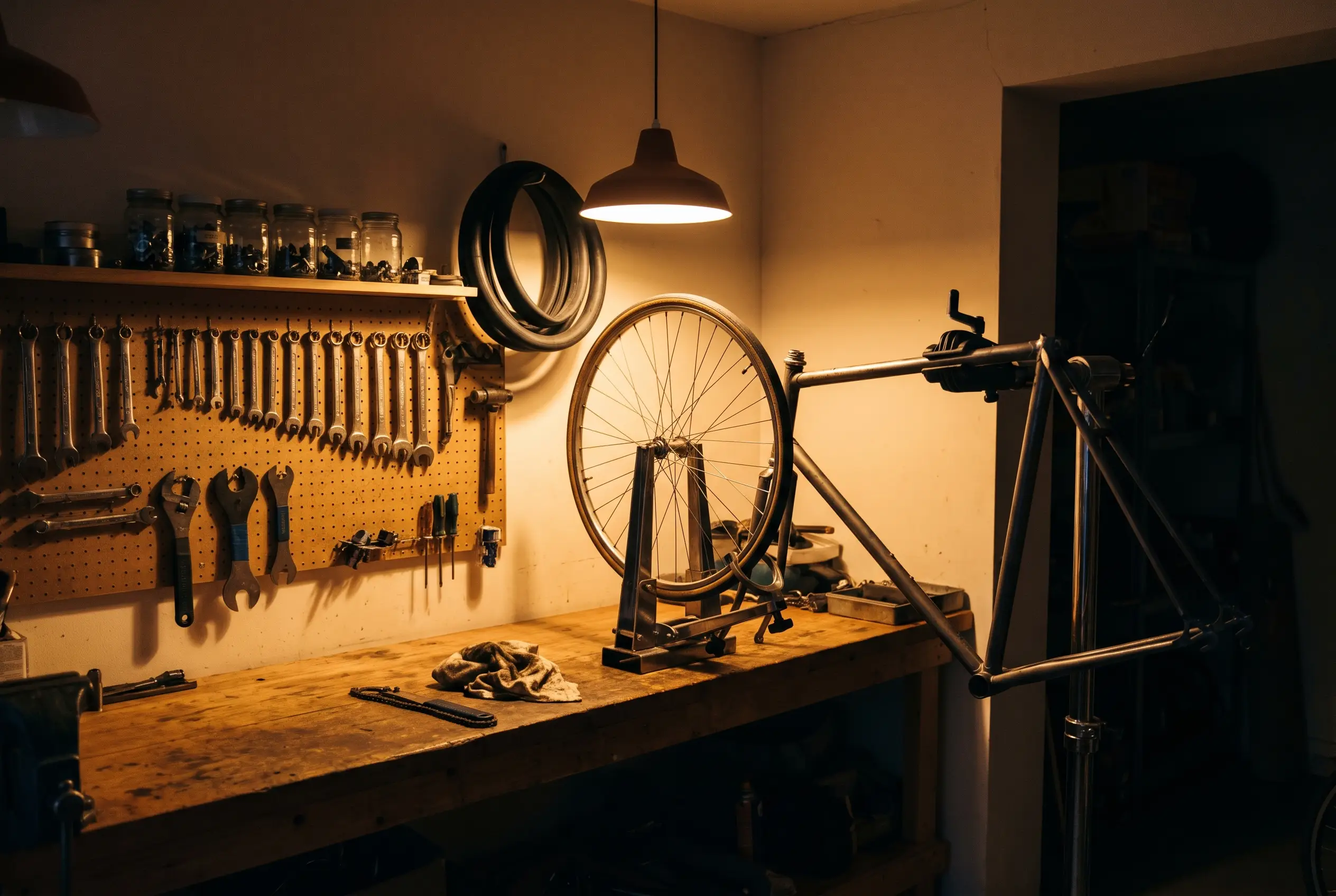 The workshop at dusk: a wheel in the truing stand, spanners hung in order on the pegboard