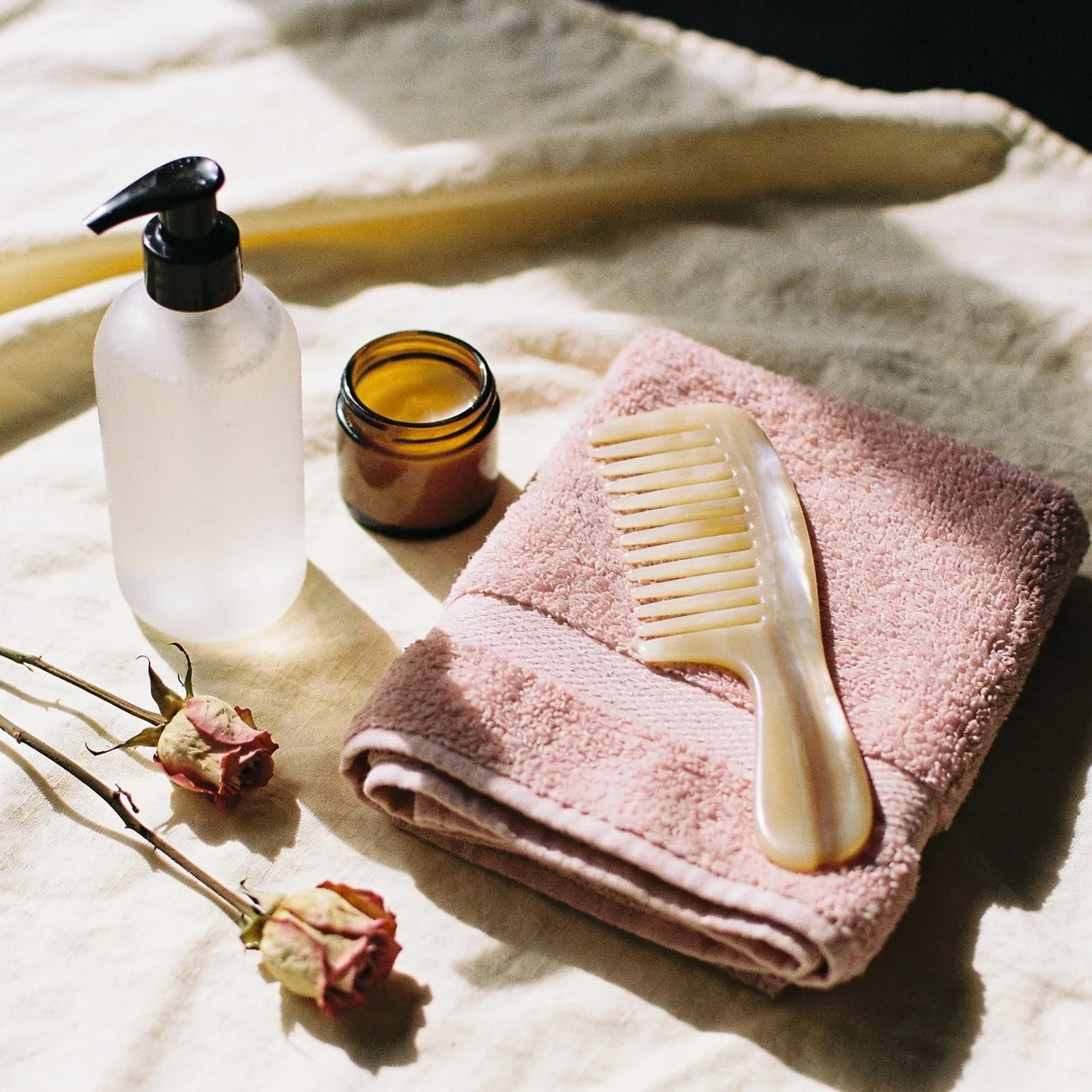 Hair care products on cream linen