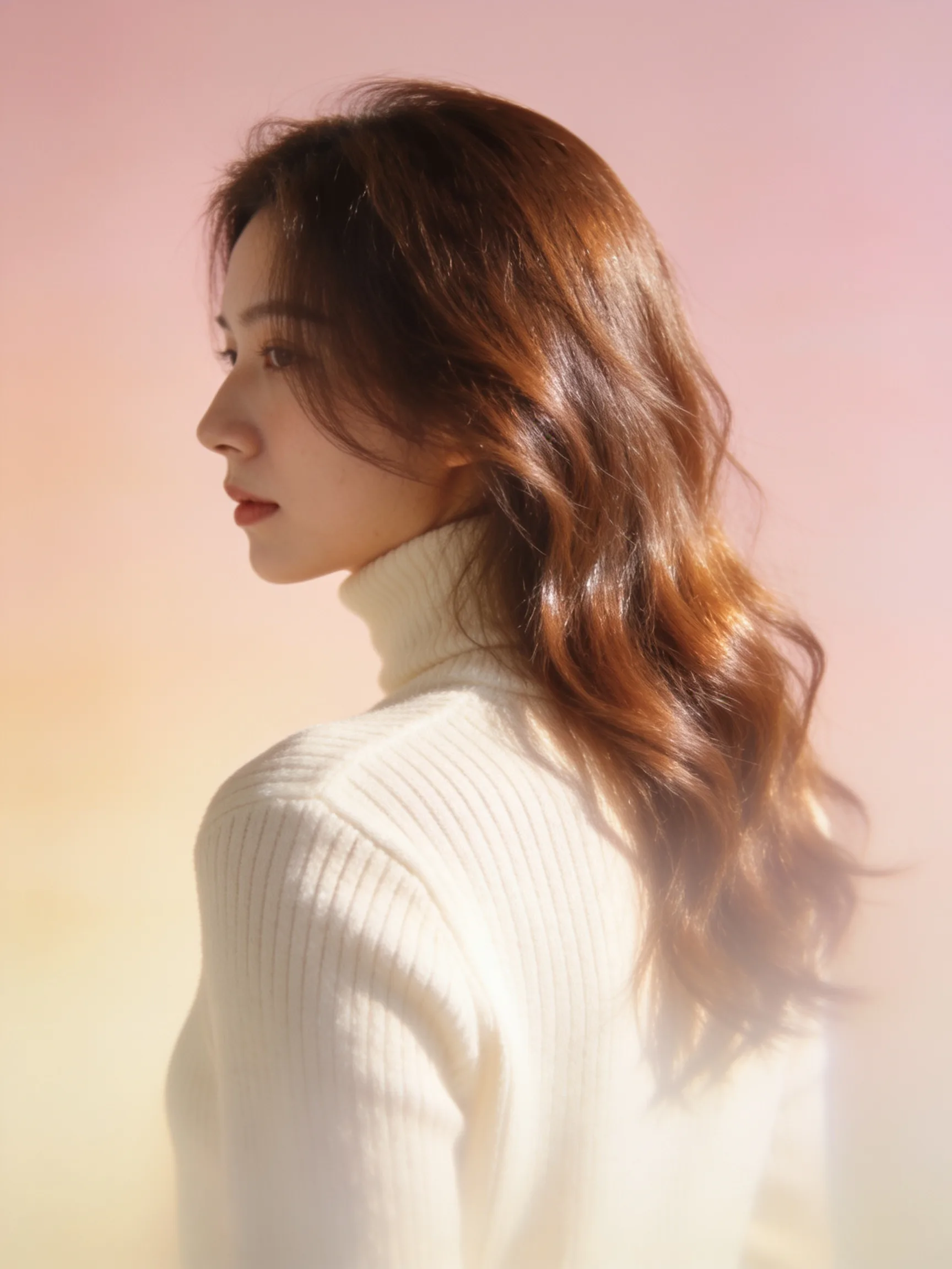 Soft, glossy chestnut hair in morning light