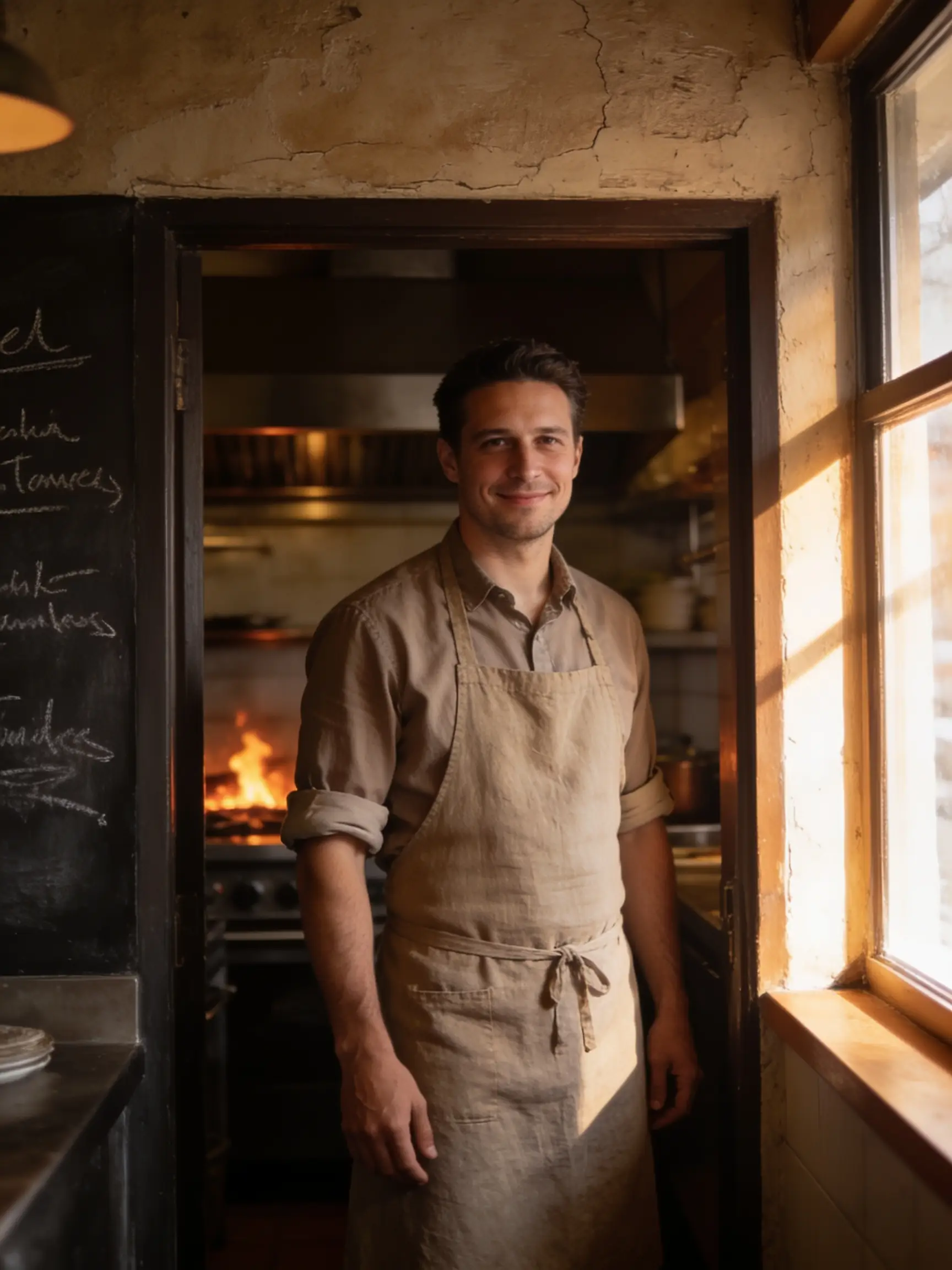 Tom Harrower, head chef, in the kitchen doorway