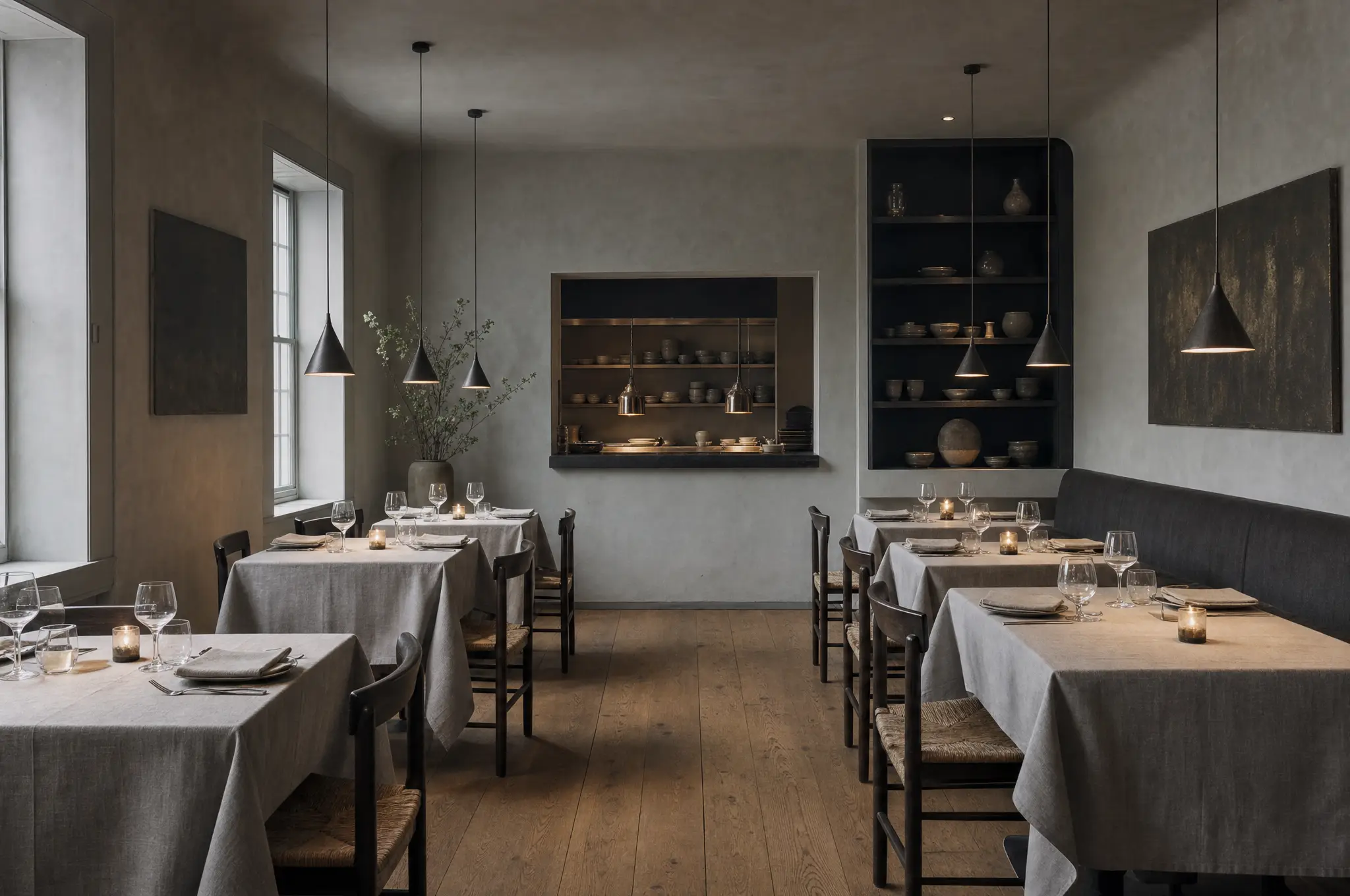 The dining room at Chalk and Ember, laid for lunch