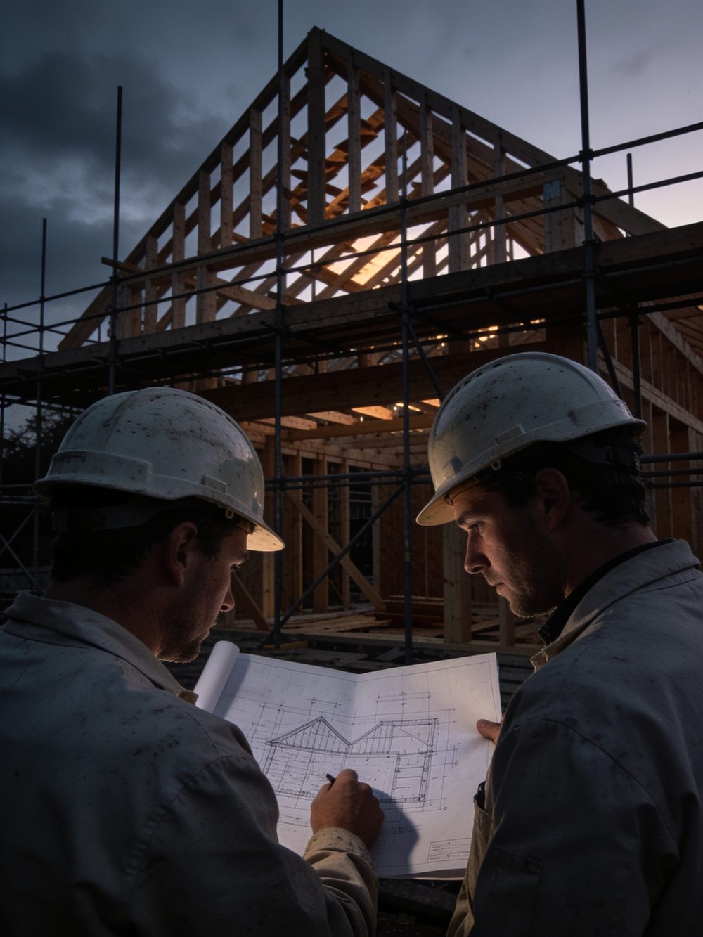 Cornerstone team on site reviewing drawings against a timber frame
