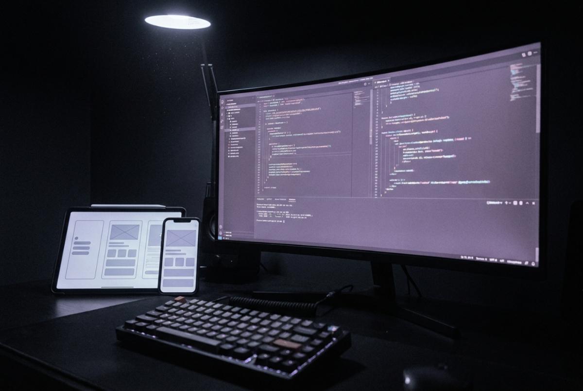 A dark desk at night with a widescreen monitor showing a code editor, a tablet and a phone beside it showing the same layout at smaller sizes