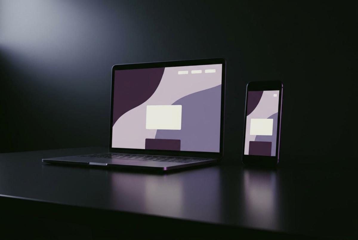 A laptop and a phone side by side on a dark surface, both screens showing the same finished website layout