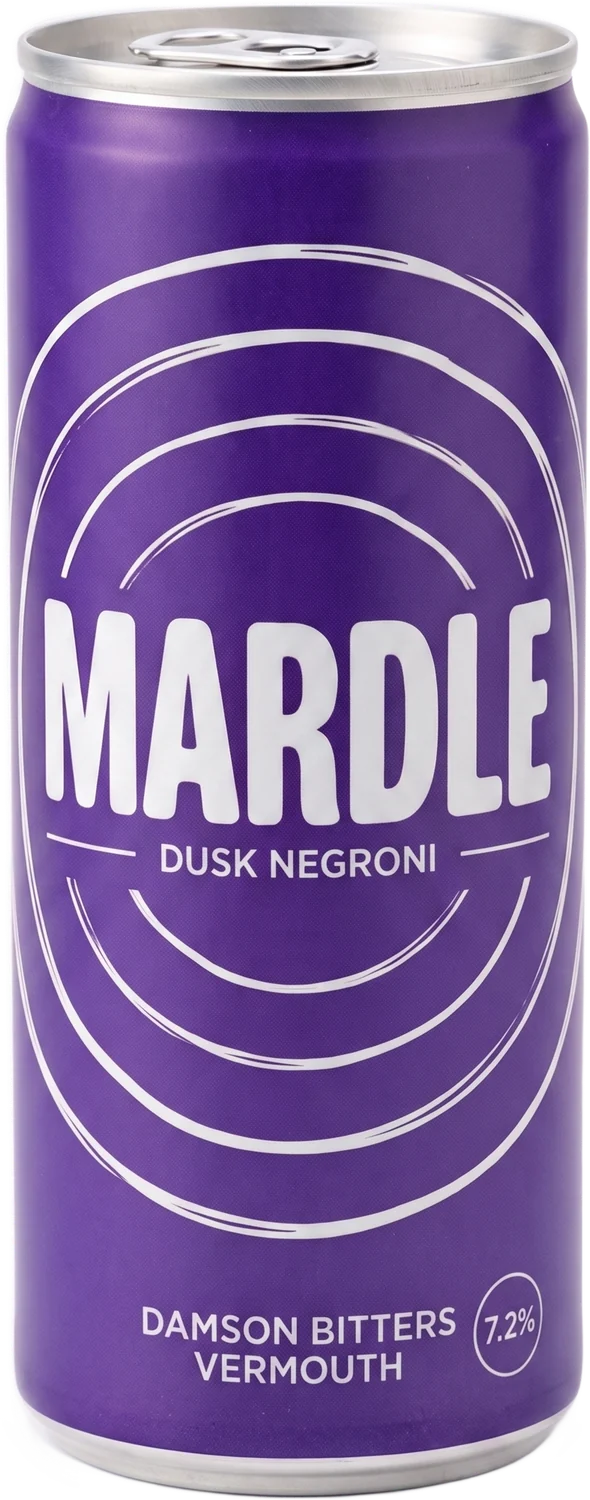 Dusk Negroni, a deep violet 250ml can printed with white ripple rings