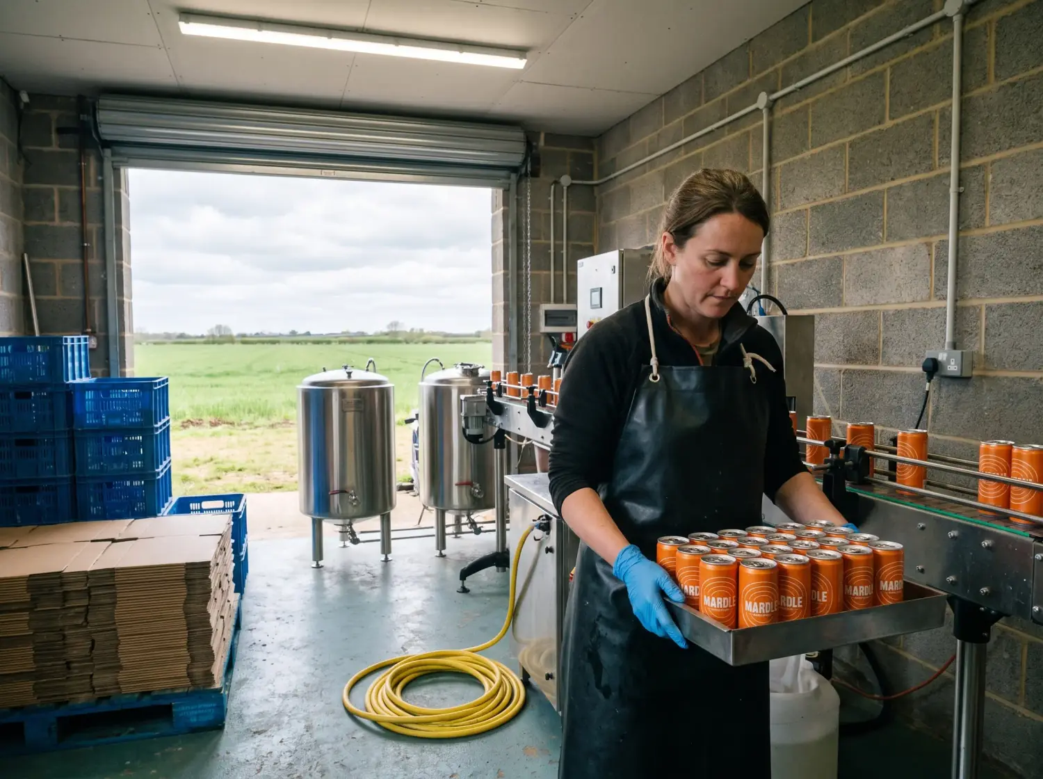 Lifting a tray of freshly filled Shingle Spritz cans off the line at the Nettle Green unit, field visible through the open shutter
