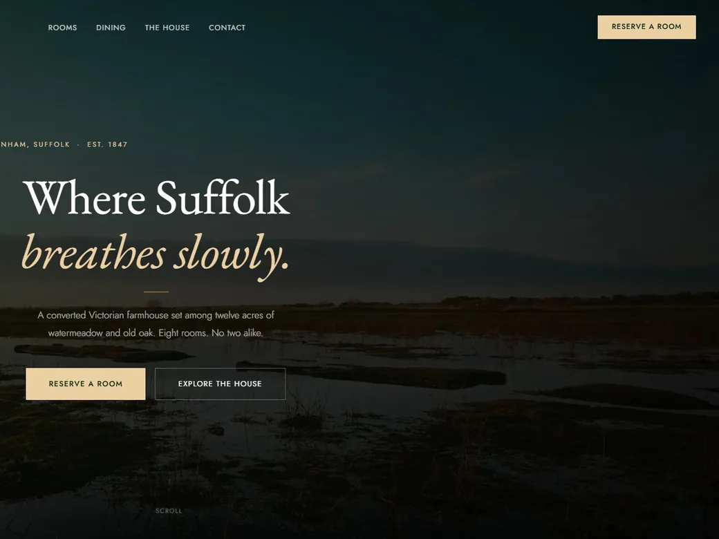 The Thornham House guest house homepage, a Suffolk watermeadow at dusk behind a Where Suffolk breathes slowly headline