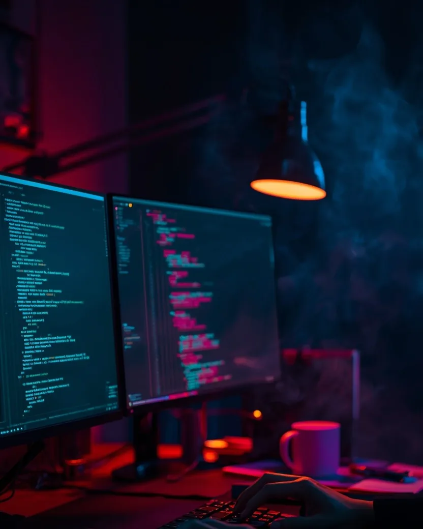 A home workspace at night: two monitors of code lit blue and red, an angled desk lamp and a mug, with hands at the keyboard