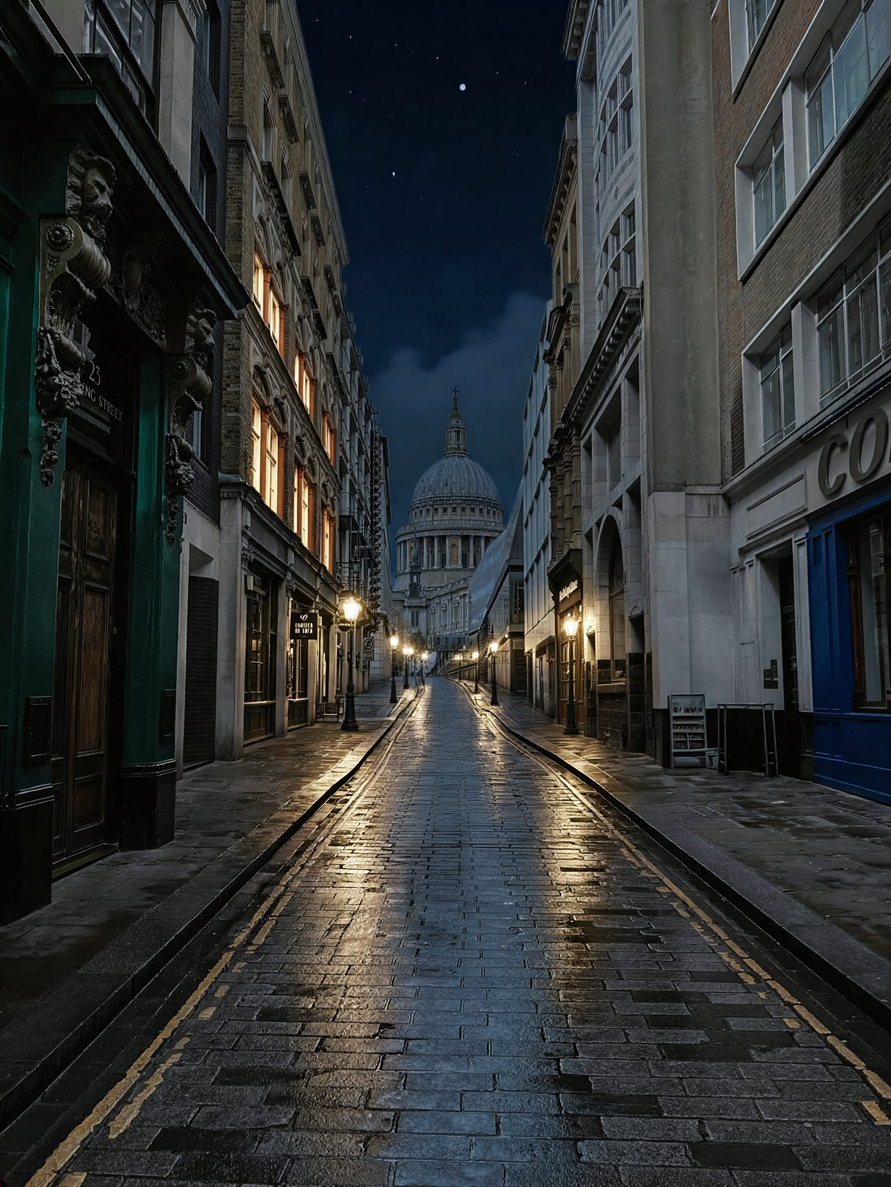 London street converted to night, pedestrians removed